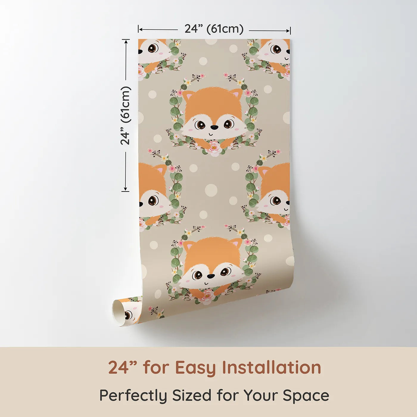 Dimension view of Whimsy Tots Floral Fox Peek Wallpaper in Mushroom Taupe Beige (W3105C). Printed in 24-inch-wide panel for easy installation. Warm neutrals and wide-eyed foxes create a gentle, grounded look.