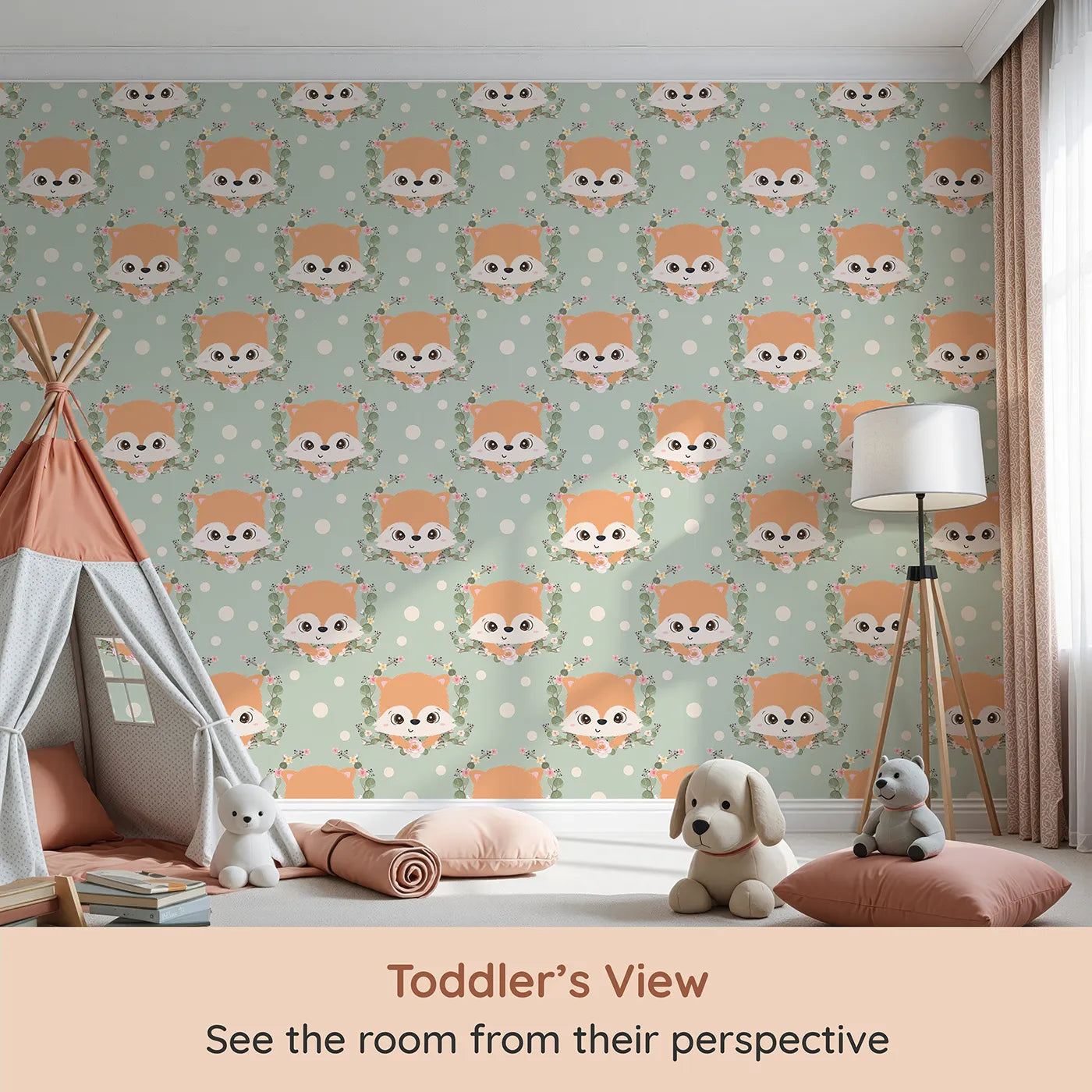 Whimsy Tots Floral Fox Peek Wallpaper in Sage Green (W3105D) from your child's view.Leafy vines and sweet fox faces peek from a peaceful sage-green world.