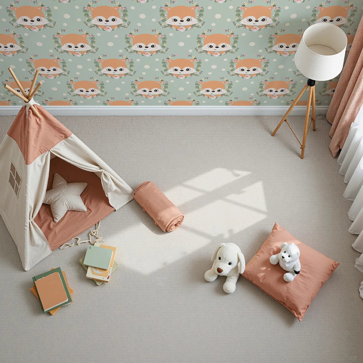 Top-Down view of Whimsy Tots' Floral Fox Peek Wallpaper in Sage Green (W3105D).Leafy vines and sweet fox faces peek from a peaceful sage-green world.