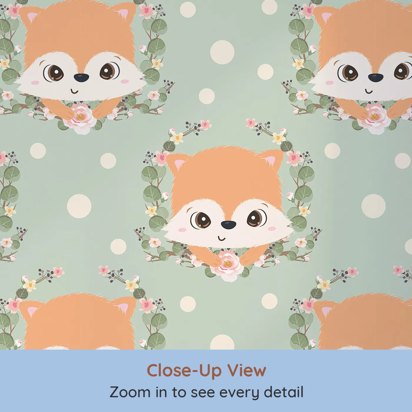 Close-up view of Whimsy Tots' Floral Fox Peek Wallpaper in Sage Green (W3105D).Leafy vines and sweet fox faces peek from a peaceful sage-green world.