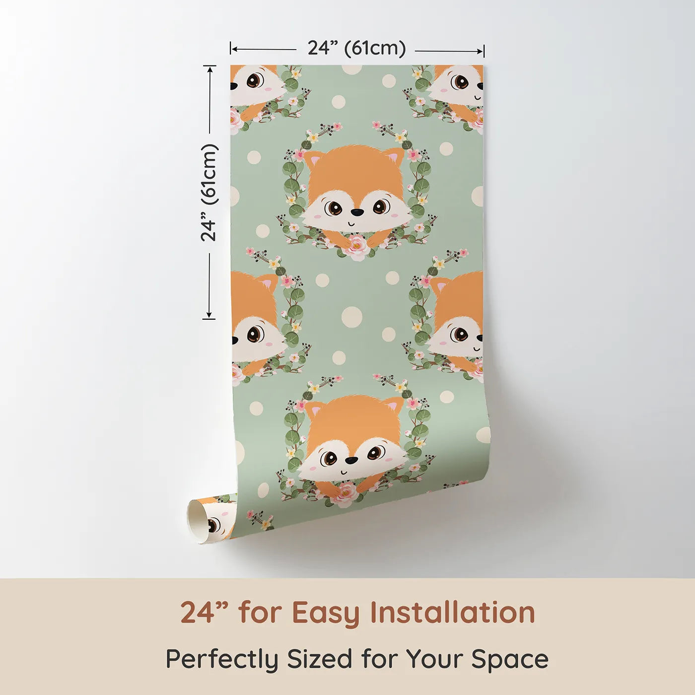 Dimension view of Whimsy Tots Floral Fox Peek Wallpaper in Sage Green (W3105D). Printed in 24-inch-wide panel for easy installation. Leafy vines and sweet fox faces peek from a peaceful sage-green world.