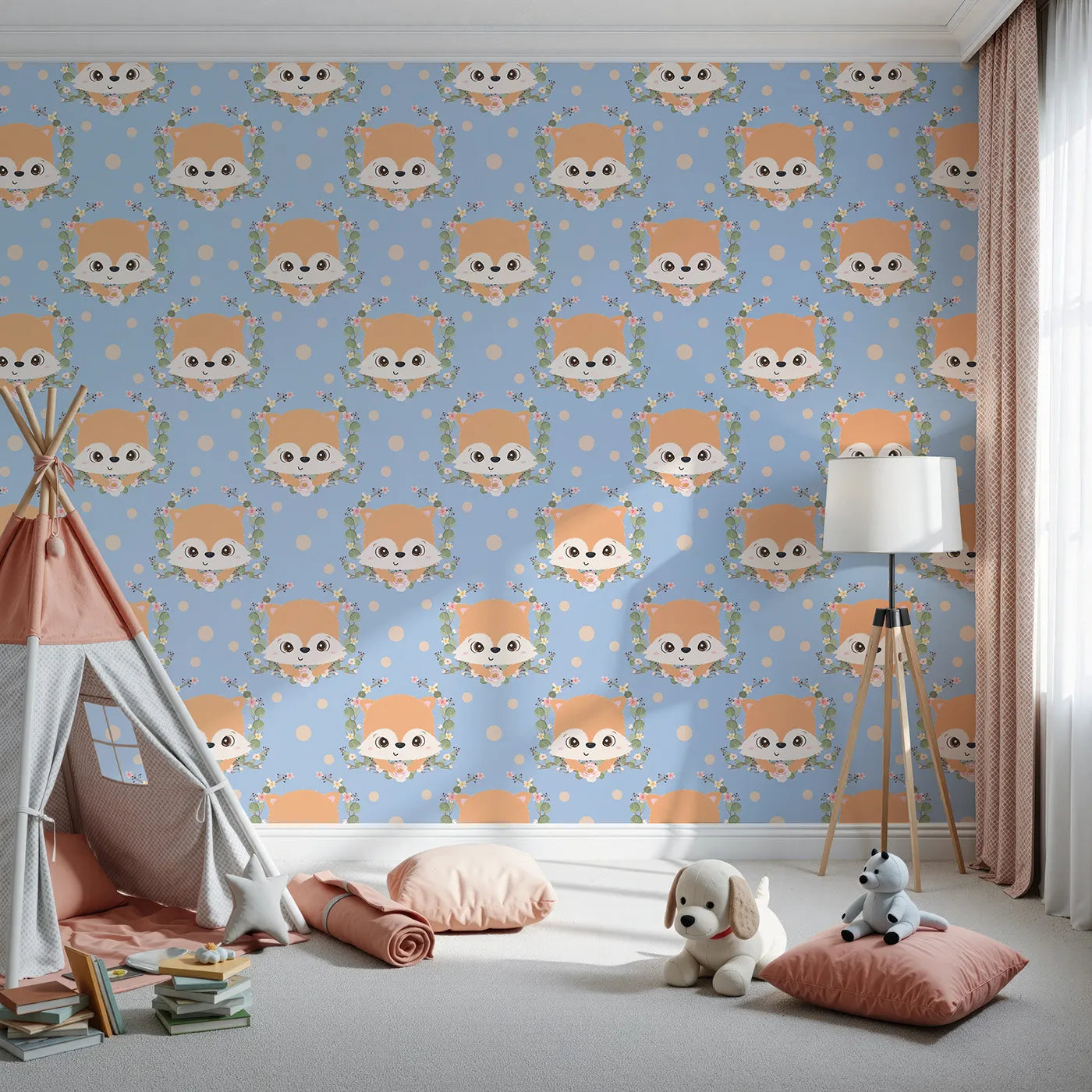 Front view of Whimsy Tots' Floral Fox Peek Wallpaper in Dusty Blue