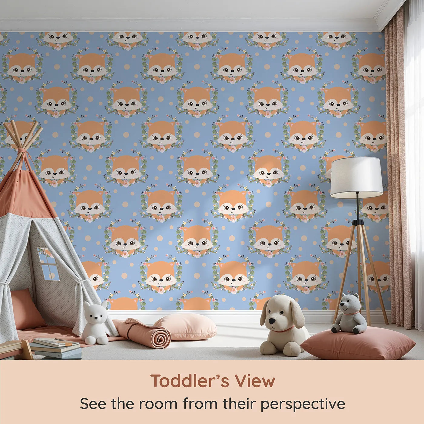 Whimsy Tots Floral Fox Peek Wallpaper in Dusty Blue (W3105E) from your child's view.Blue skies, blush blooms, and peeking foxes make every wall feel like a fairytale.