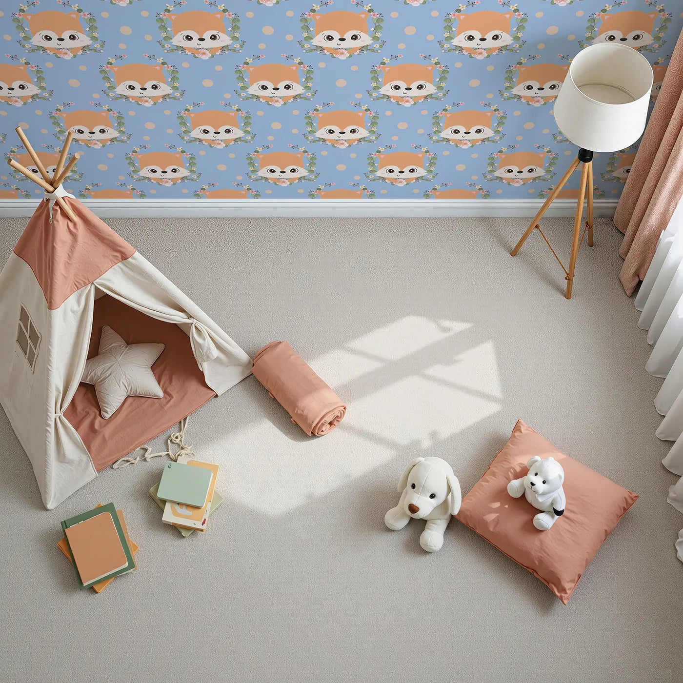 Top-Down view of Whimsy Tots' Floral Fox Peek Wallpaper in Dusty Blue (W3105E).Blue skies, blush blooms, and peeking foxes make every wall feel like a fairytale.