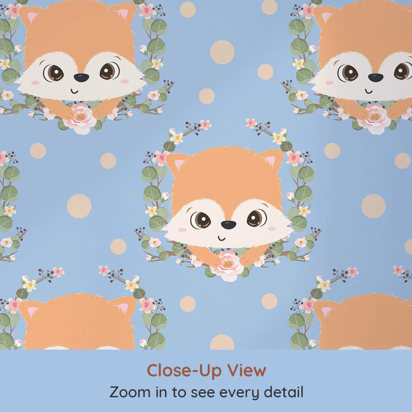 Close-up view of Whimsy Tots' Floral Fox Peek Wallpaper in Dusty Blue (W3105E).Blue skies, blush blooms, and peeking foxes make every wall feel like a fairytale.