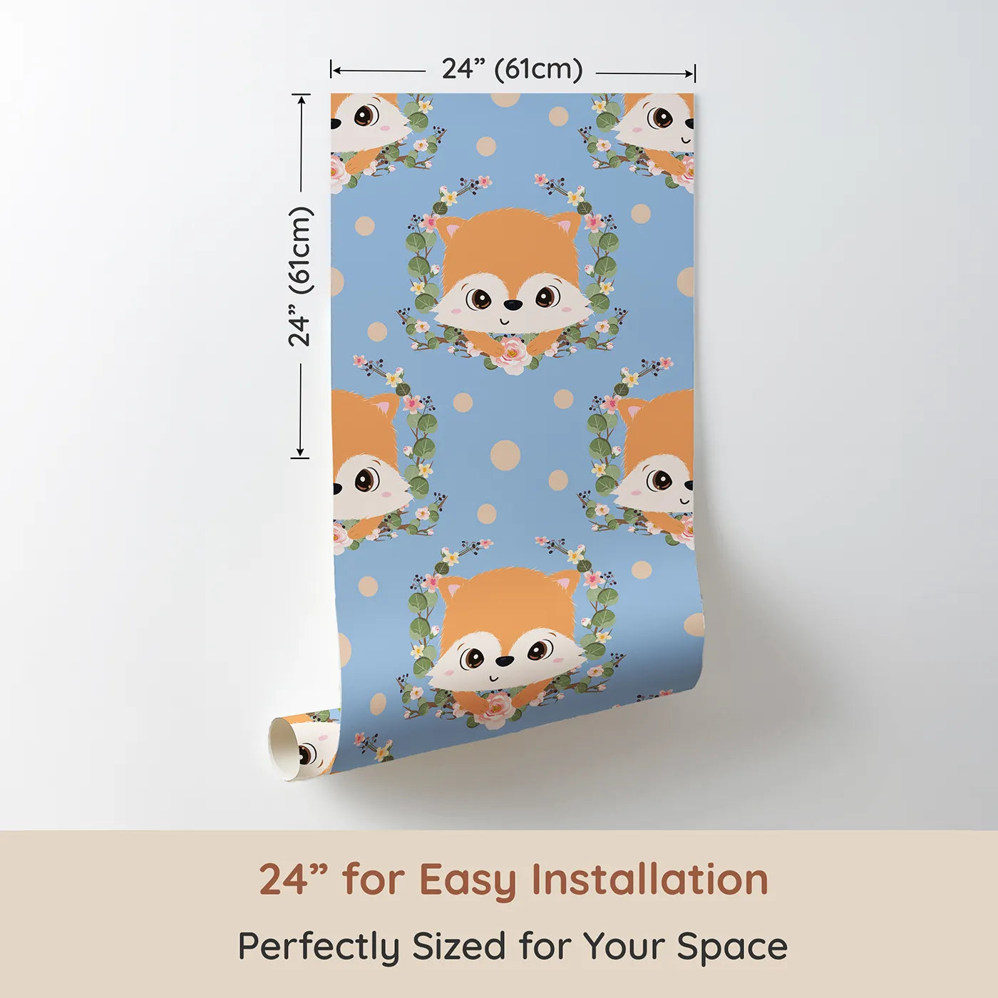 Dimension view of Whimsy Tots Floral Fox Peek Wallpaper in Dusty Blue (W3105E). Printed in 24-inch-wide panel for easy installation. Blue skies, blush blooms, and peeking foxes make every wall feel like a fairytale.