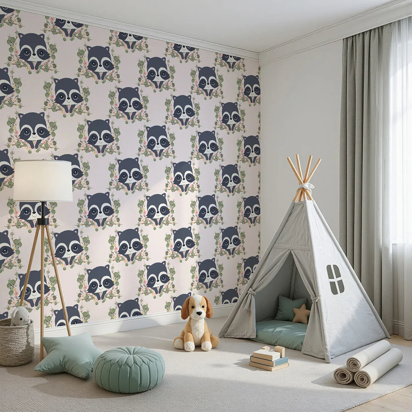 Angled view of Whimsy Tots' Floral Raccoon Peek Wallpaper in Soft Blush Pink (W3106A).Sweet raccoons peek through soft florals and leafy wreaths in pastel pink charm.