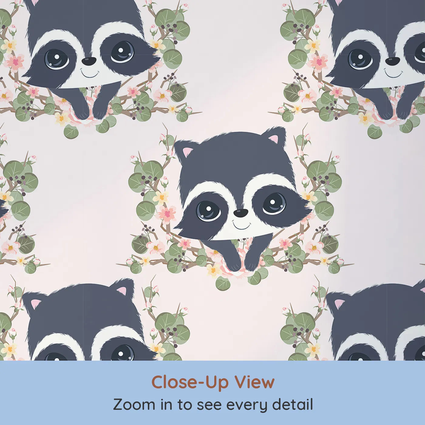 Close-up view of Whimsy Tots' Floral Raccoon Peek Wallpaper in Soft Blush Pink (W3106A).Sweet raccoons peek through soft florals and leafy wreaths in pastel pink charm.
