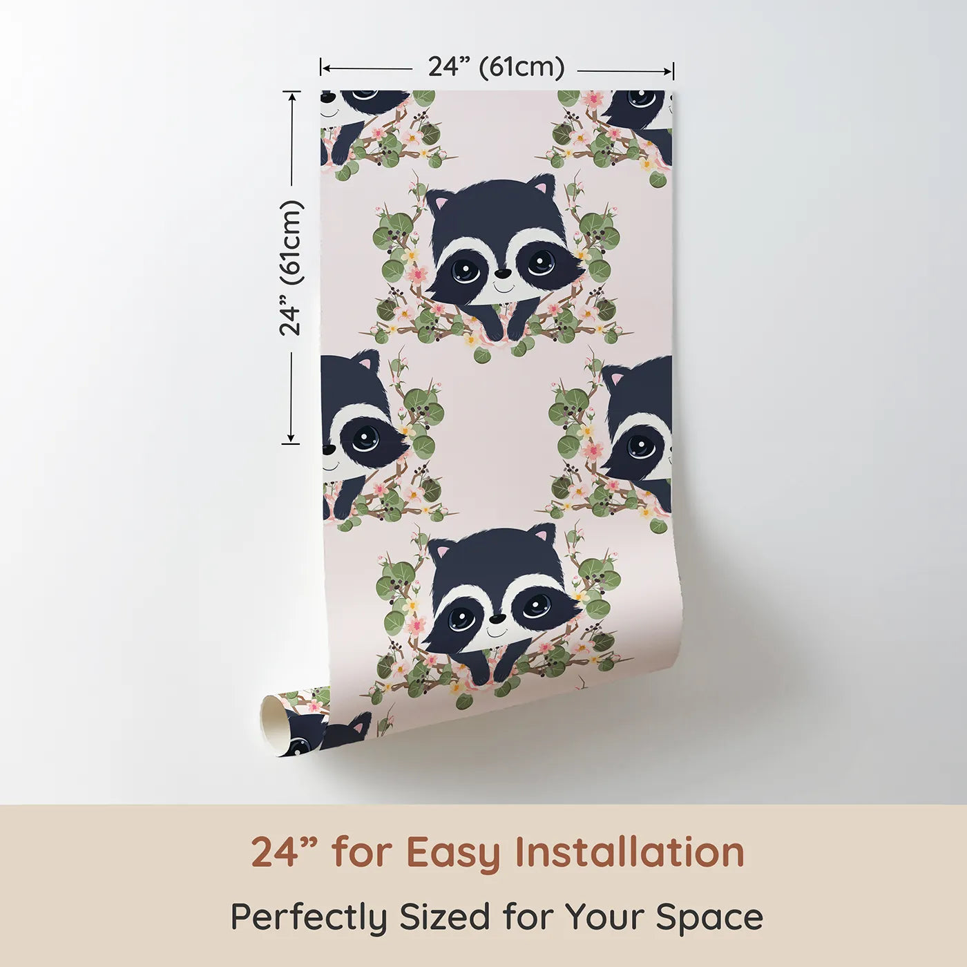 Dimension view of Whimsy Tots Floral Raccoon Peek Wallpaper in Soft Blush Pink (W3106A). Printed in 24-inch-wide panel for easy installation. Sweet raccoons peek through soft florals and leafy wreaths in pastel pink charm.