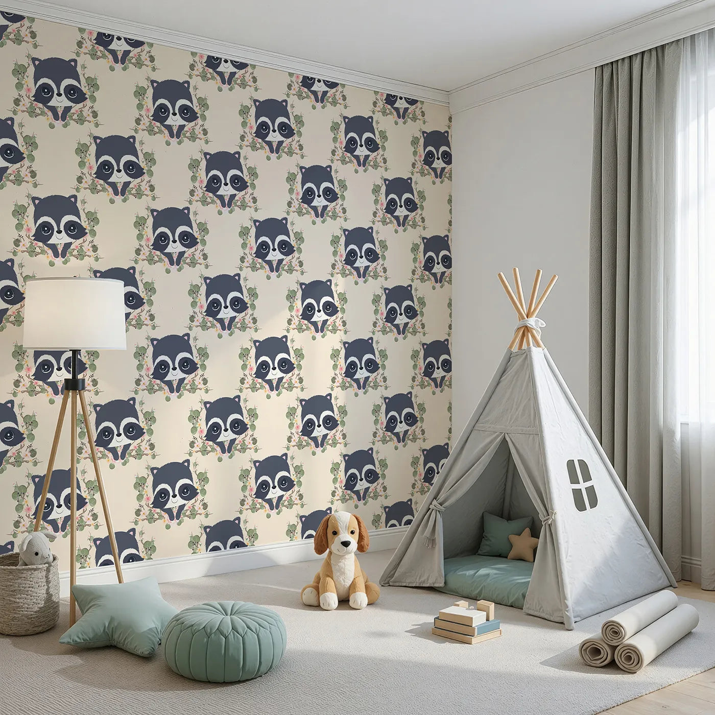 Angled view of Whimsy Tots' Floral Raccoon Peek Wallpaper in Soft Cream (W3106B).Smiling raccoons and blush florals turn their walls into a warm forest hug.