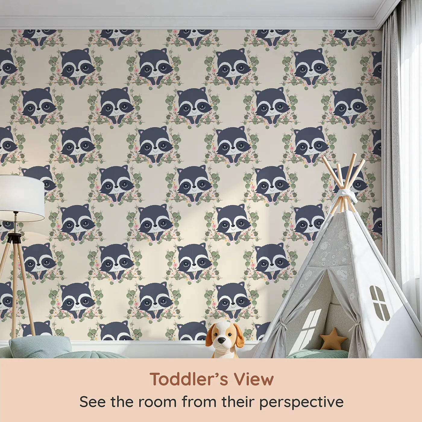 Whimsy Tots Floral Raccoon Peek Wallpaper in Soft Cream (W3106B) from your child's view.Smiling raccoons and blush florals turn their walls into a warm forest hug.