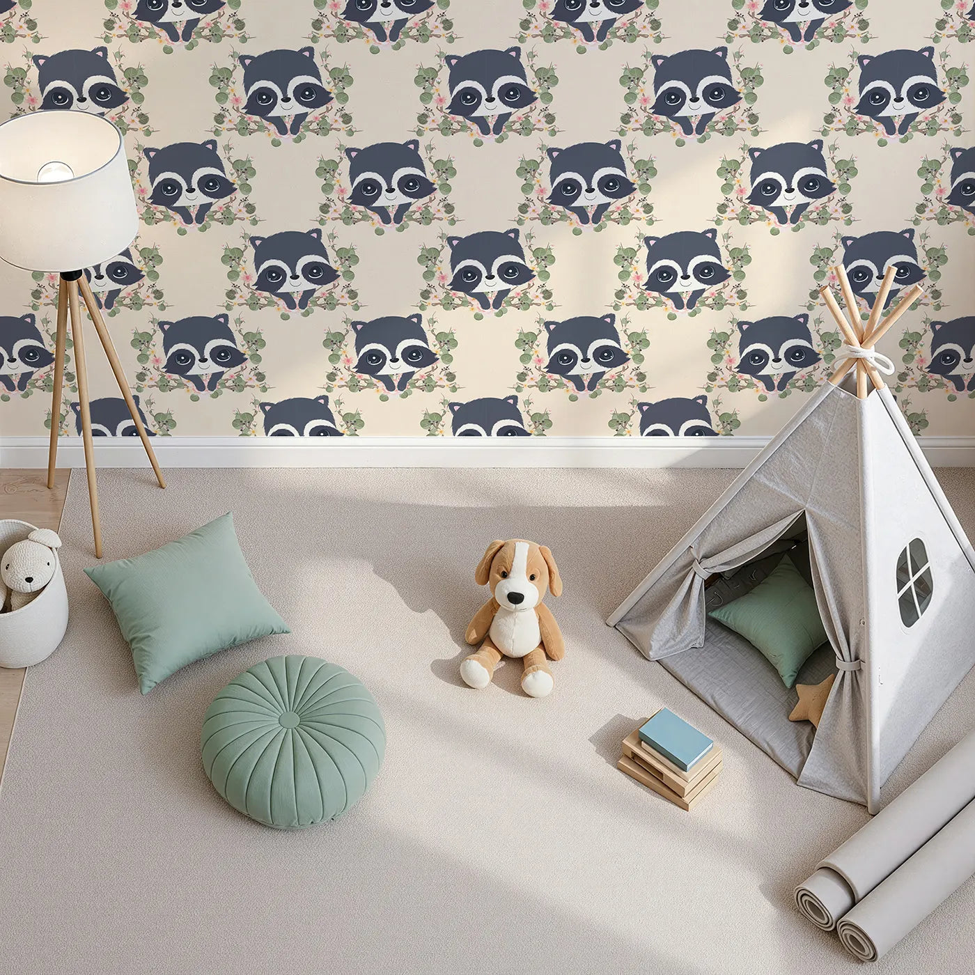 Top-Down view of Whimsy Tots' Floral Raccoon Peek Wallpaper in Soft Cream (W3106B).Smiling raccoons and blush florals turn their walls into a warm forest hug.