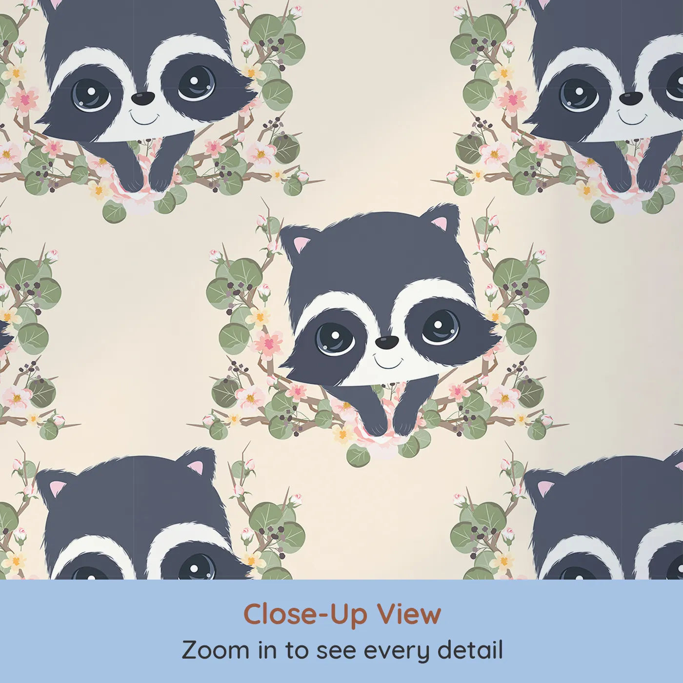Close-up view of Whimsy Tots' Floral Raccoon Peek Wallpaper in Soft Cream (W3106B).Smiling raccoons and blush florals turn their walls into a warm forest hug.