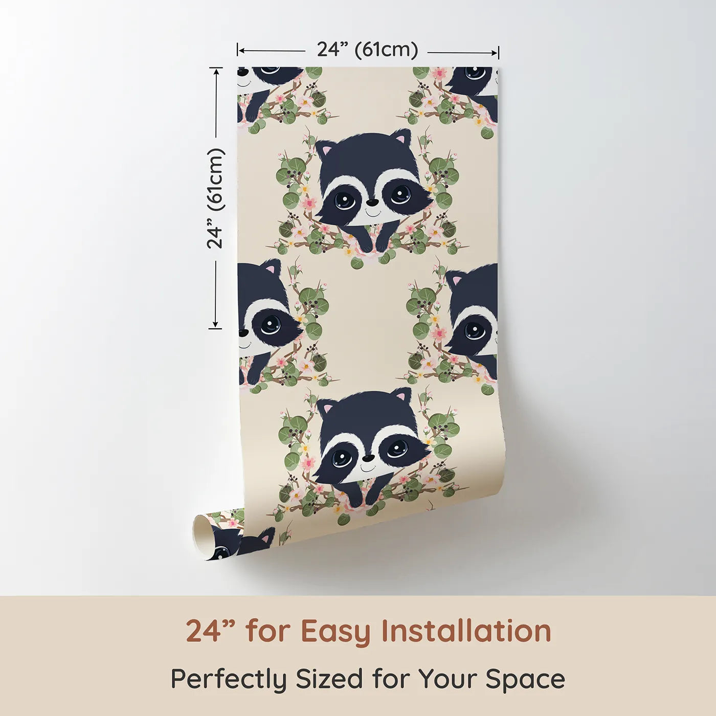 Dimension view of Whimsy Tots Floral Raccoon Peek Wallpaper in Soft Cream (W3106B). Printed in 24-inch-wide panel for easy installation. Smiling raccoons and blush florals turn their walls into a warm forest hug.