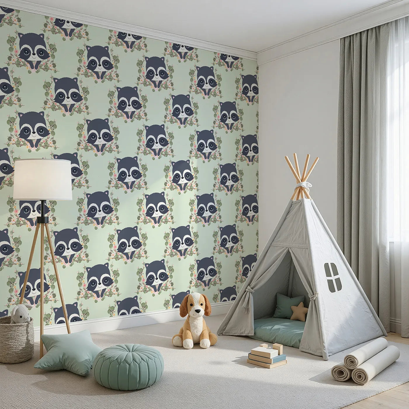 Angled view of Whimsy Tots' Floral Raccoon Peek Wallpaper in Mint Green (W3106C).Peekaboo raccoons and leafy blooms dance across a soft minty green backdrop.