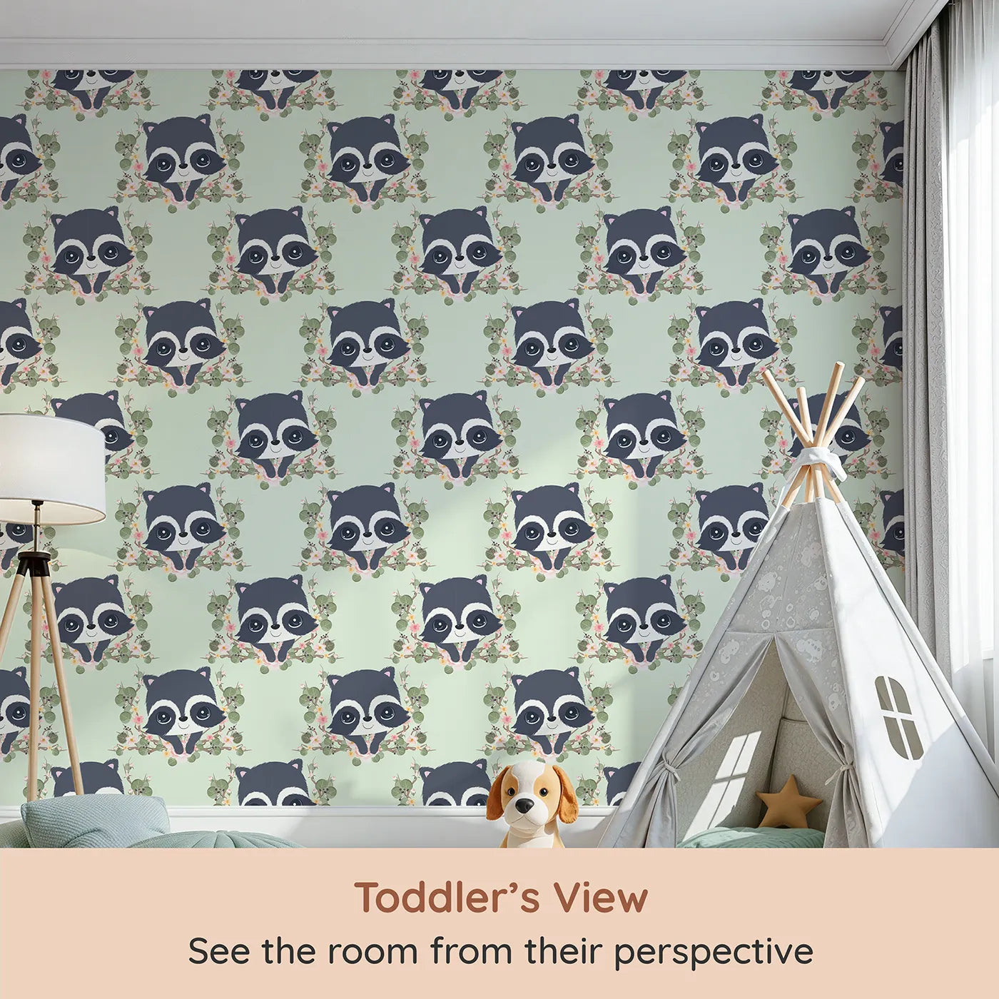 Whimsy Tots Floral Raccoon Peek Wallpaper in Mint Green (W3106C) from your child's view.Peekaboo raccoons and leafy blooms dance across a soft minty green backdrop.