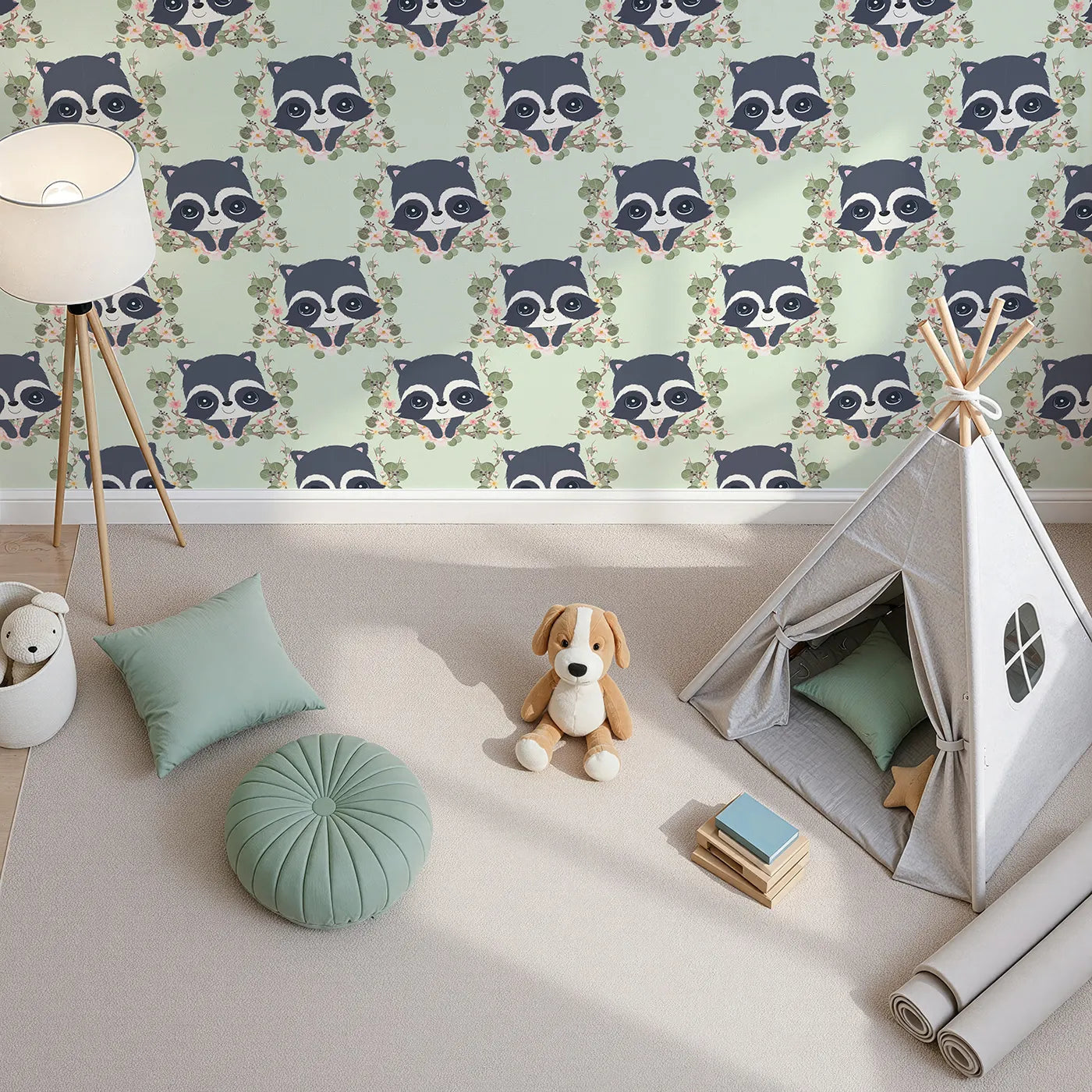Top-Down view of Whimsy Tots' Floral Raccoon Peek Wallpaper in Mint Green (W3106C).Peekaboo raccoons and leafy blooms dance across a soft minty green backdrop.