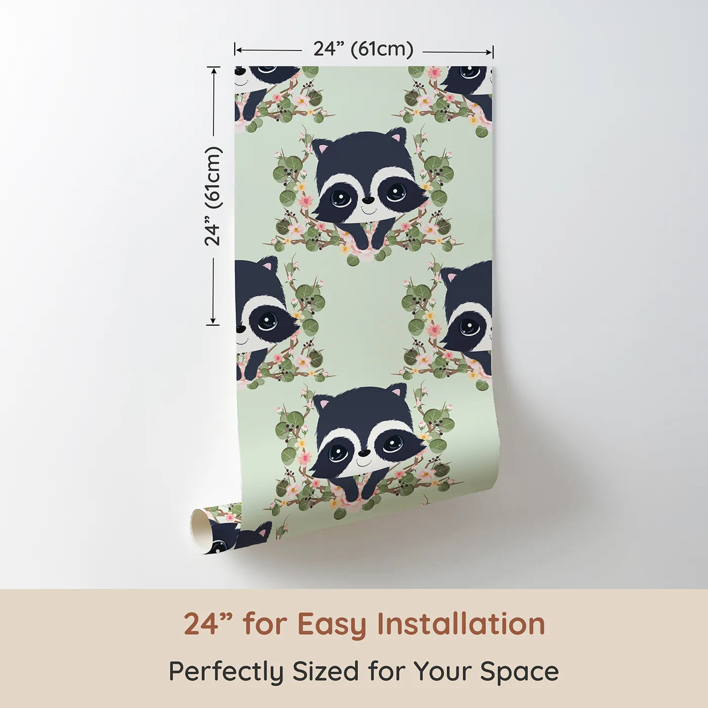 Dimension view of Whimsy Tots Floral Raccoon Peek Wallpaper in Mint Green (W3106C). Printed in 24-inch-wide panel for easy installation. Peekaboo raccoons and leafy blooms dance across a soft minty green backdrop.