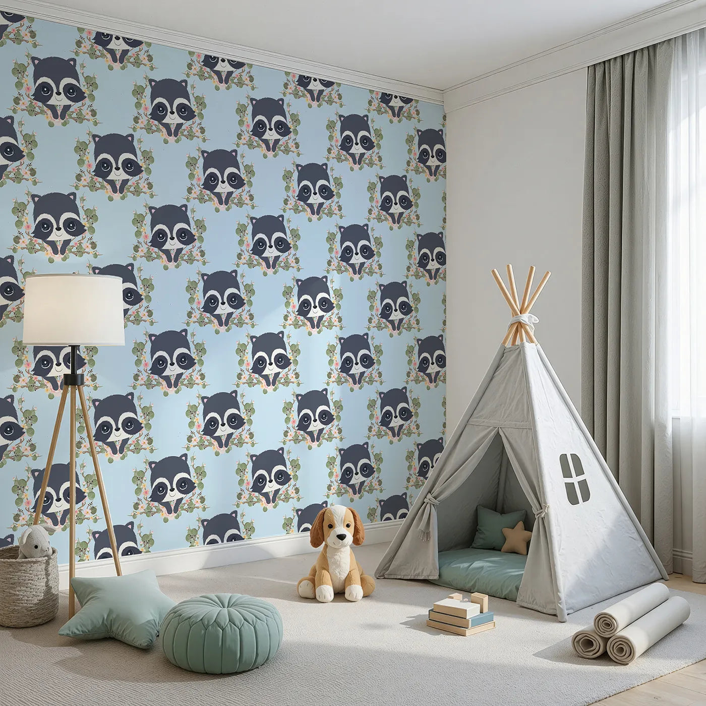 Angled view of Whimsy Tots' Floral Raccoon Peek Wallpaper in Sky Blue (W3106D).Gentle raccoons and floral garlands float across a calm blue sky.