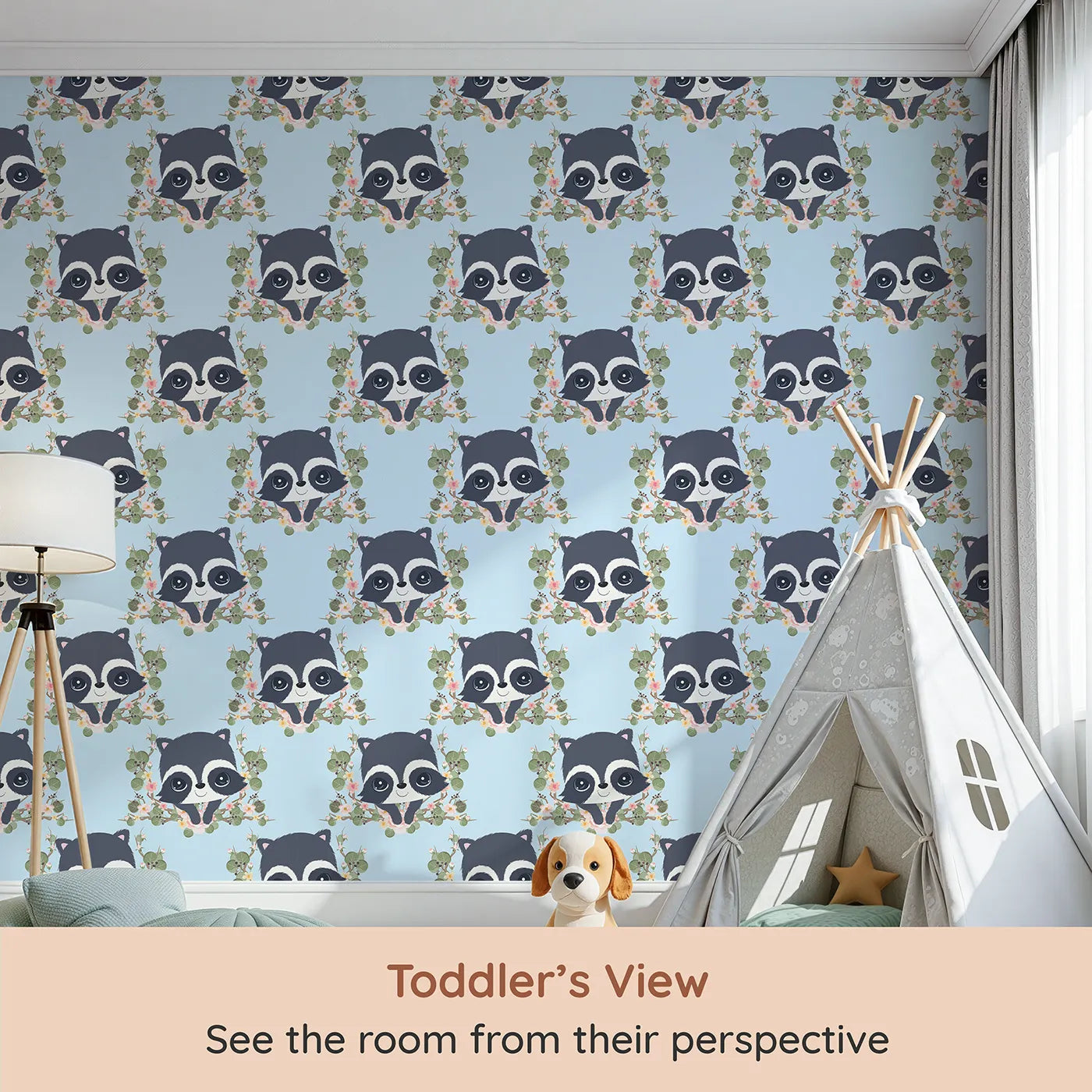 Whimsy Tots Floral Raccoon Peek Wallpaper in Sky Blue (W3106D) from your child's view.Gentle raccoons and floral garlands float across a calm blue sky.
