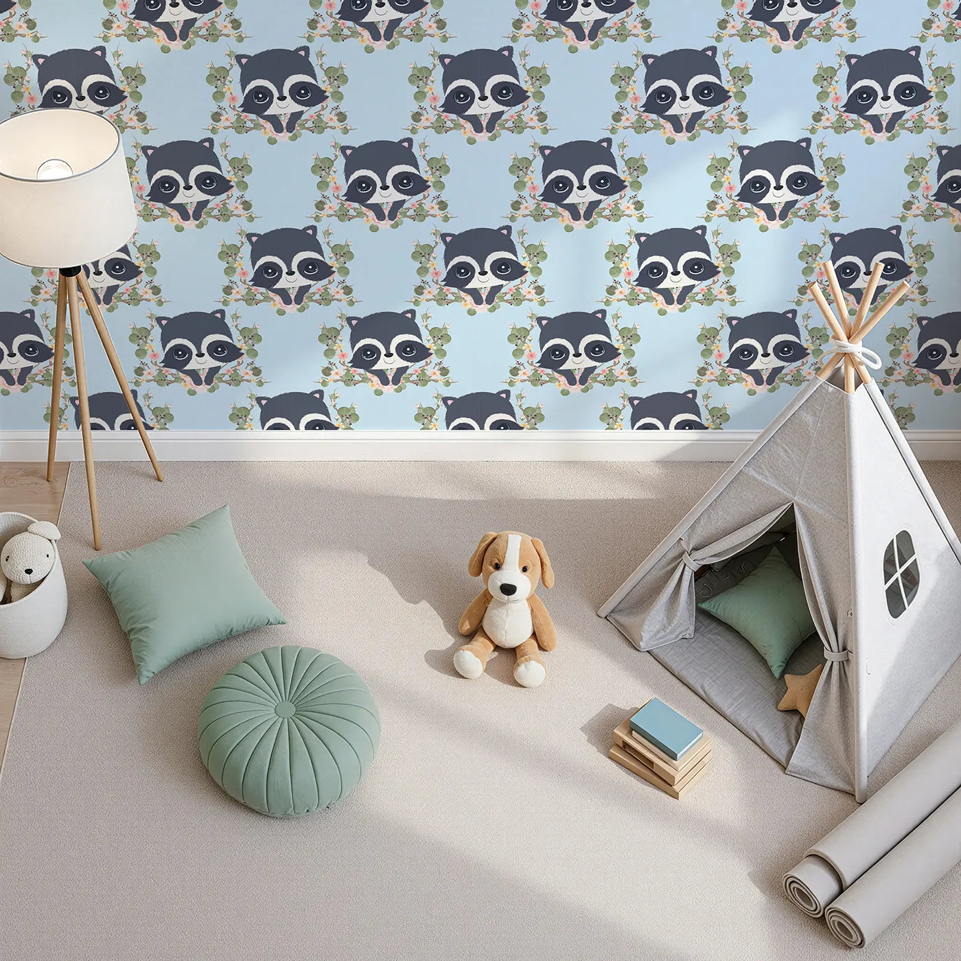 Top-Down view of Whimsy Tots' Floral Raccoon Peek Wallpaper in Sky Blue (W3106D).Gentle raccoons and floral garlands float across a calm blue sky.