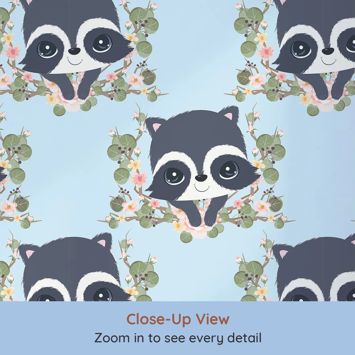 Close-up view of Whimsy Tots' Floral Raccoon Peek Wallpaper in Sky Blue (W3106D).Gentle raccoons and floral garlands float across a calm blue sky.