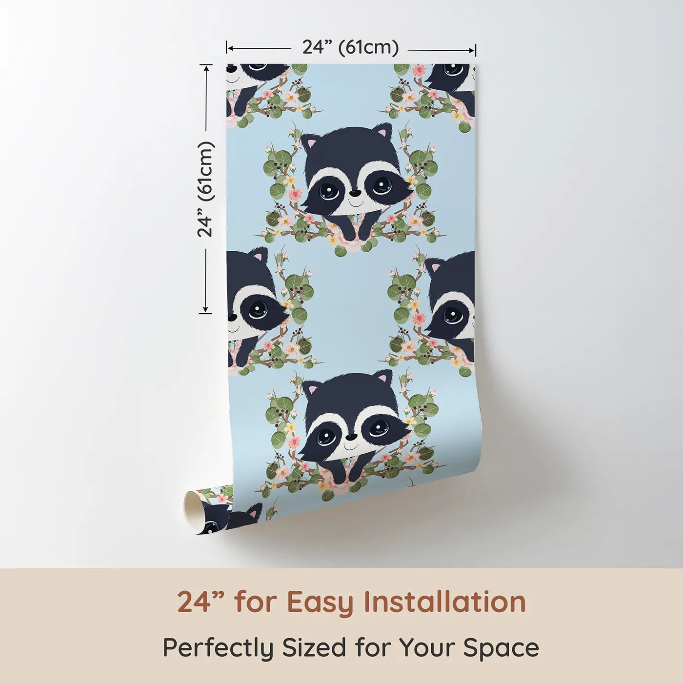 Dimension view of Whimsy Tots Floral Raccoon Peek Wallpaper in Sky Blue (W3106D). Printed in 24-inch-wide panel for easy installation. Gentle raccoons and floral garlands float across a calm blue sky.