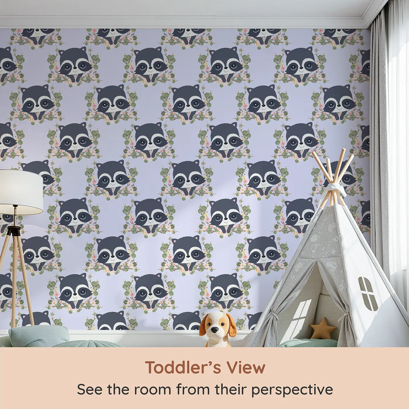 Whimsy Tots Floral Raccoon Peek Wallpaper in Lavender Mist (W3106E) from your child's view.Curious raccoons peek through lavender-toned blooms and leafy vines.