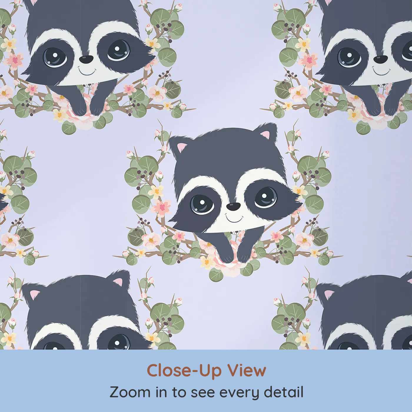 Close-up view of Whimsy Tots' Floral Raccoon Peek Wallpaper in Lavender Mist (W3106E).Curious raccoons peek through lavender-toned blooms and leafy vines.