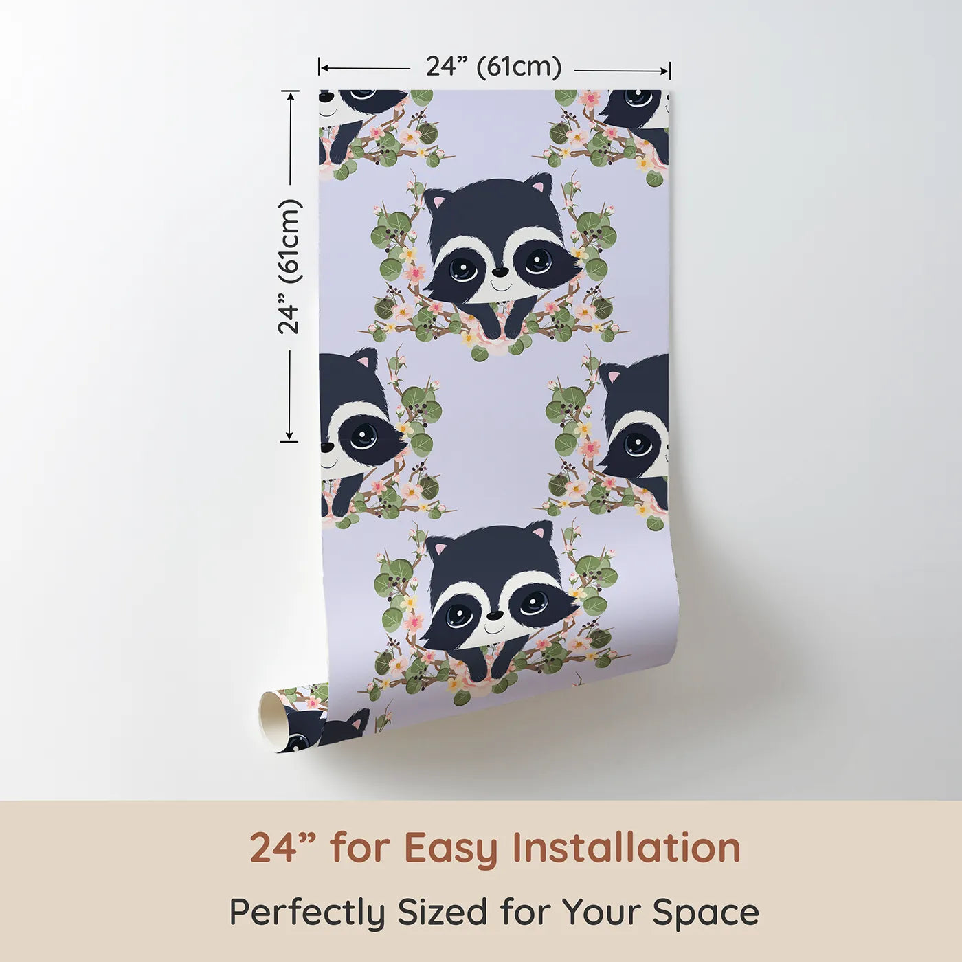 Dimension view of Whimsy Tots Floral Raccoon Peek Wallpaper in Lavender Mist (W3106E). Printed in 24-inch-wide panel for easy installation. Curious raccoons peek through lavender-toned blooms and leafy vines.