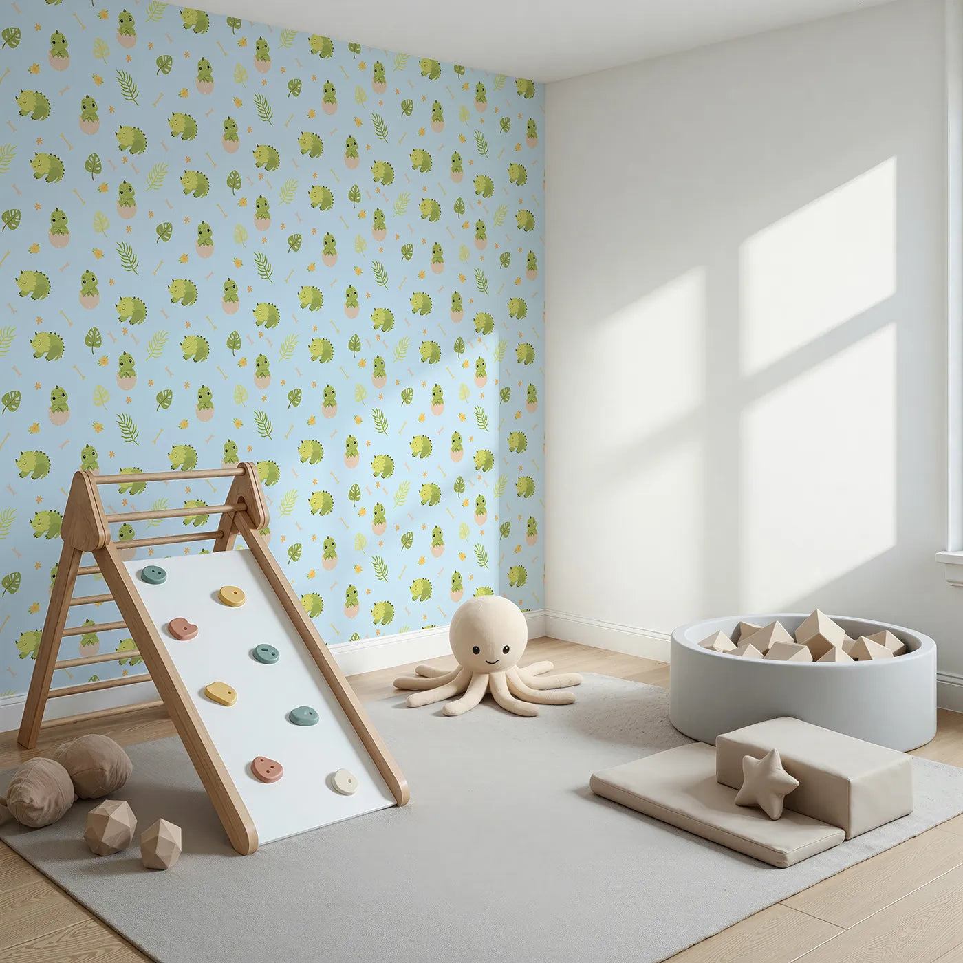 Angled view of Whimsy Tots' Hatching Dino Friends Wallpaper in Sky Blue (W3109D).Baby dinos and tropical leaves bring gentle joy to every blue corner.