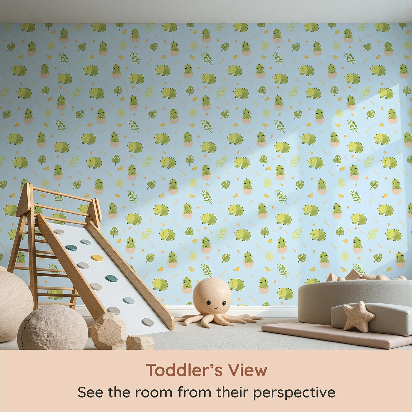 Whimsy Tots Hatching Dino Friends Wallpaper in Sky Blue (W3109D) from your child's view.Baby dinos and tropical leaves bring gentle joy to every blue corner.
