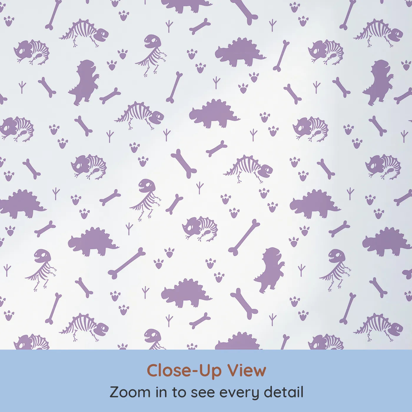 Close-up view of Whimsy Tots' Fossil Roar Parade Wallpaper in Lavender Bone (W3110A).Bones and dino prints bring prehistoric fun in soft lavender shades.