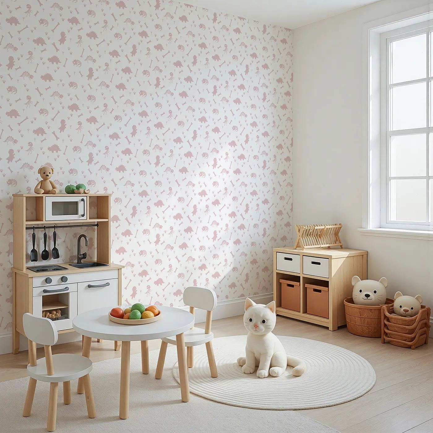 Angled view of Whimsy Tots' Fossil Roar Parade Wallpaper in Dusty Rose Pink (W3110B).Dino bones and prints wander softly across a pale pink landscape.