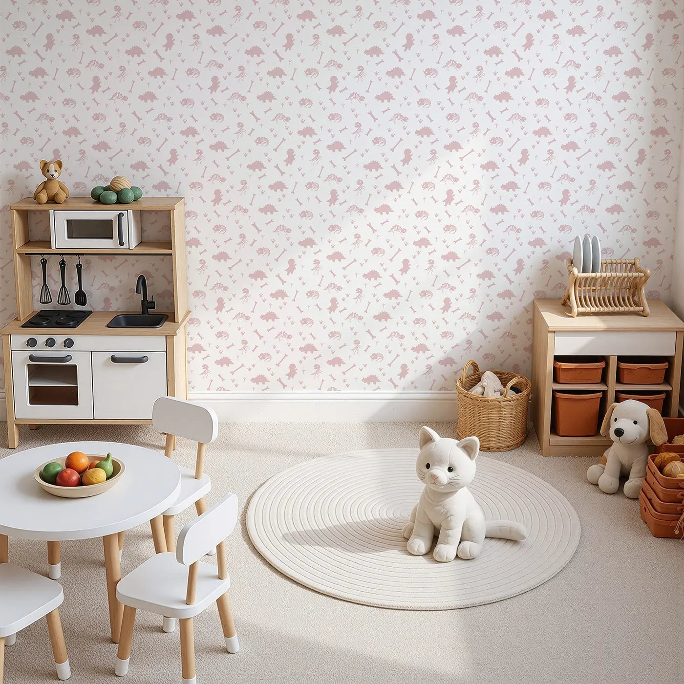 Top-Down view of Whimsy Tots' Fossil Roar Parade Wallpaper in Dusty Rose Pink (W3110B).Dino bones and prints wander softly across a pale pink landscape.