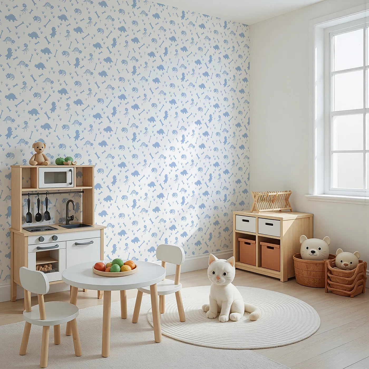 Angled view of Whimsy Tots' Fossil Roar Parade Wallpaper in Blue Dust (W3110D).Soft fossil prints and tiny tracks invite prehistoric play.