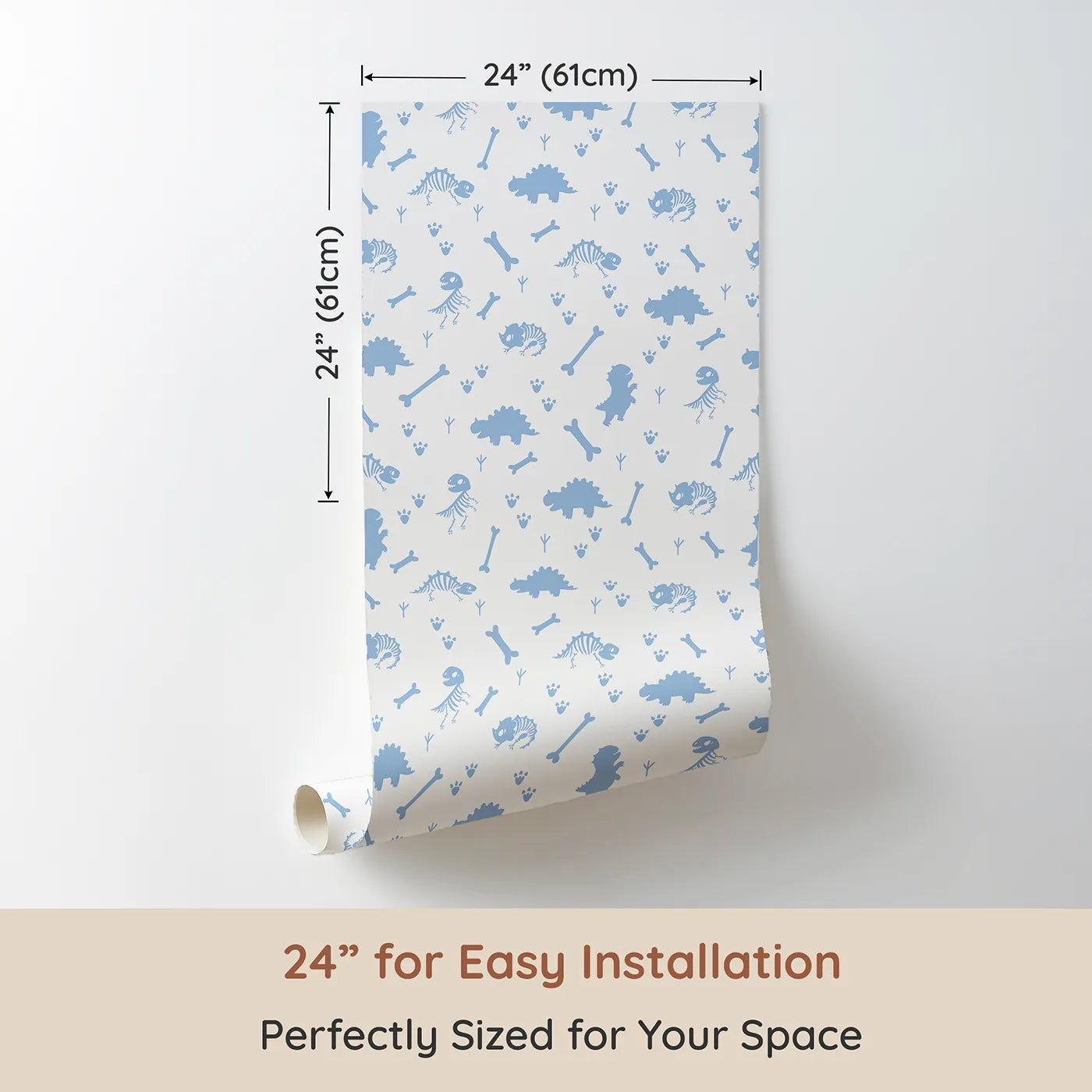 Dimension view of Whimsy Tots Fossil Roar Parade Wallpaper in Blue Dust (W3110D). Printed in 24-inch-wide panel for easy installation. Soft fossil prints and tiny tracks invite prehistoric play.