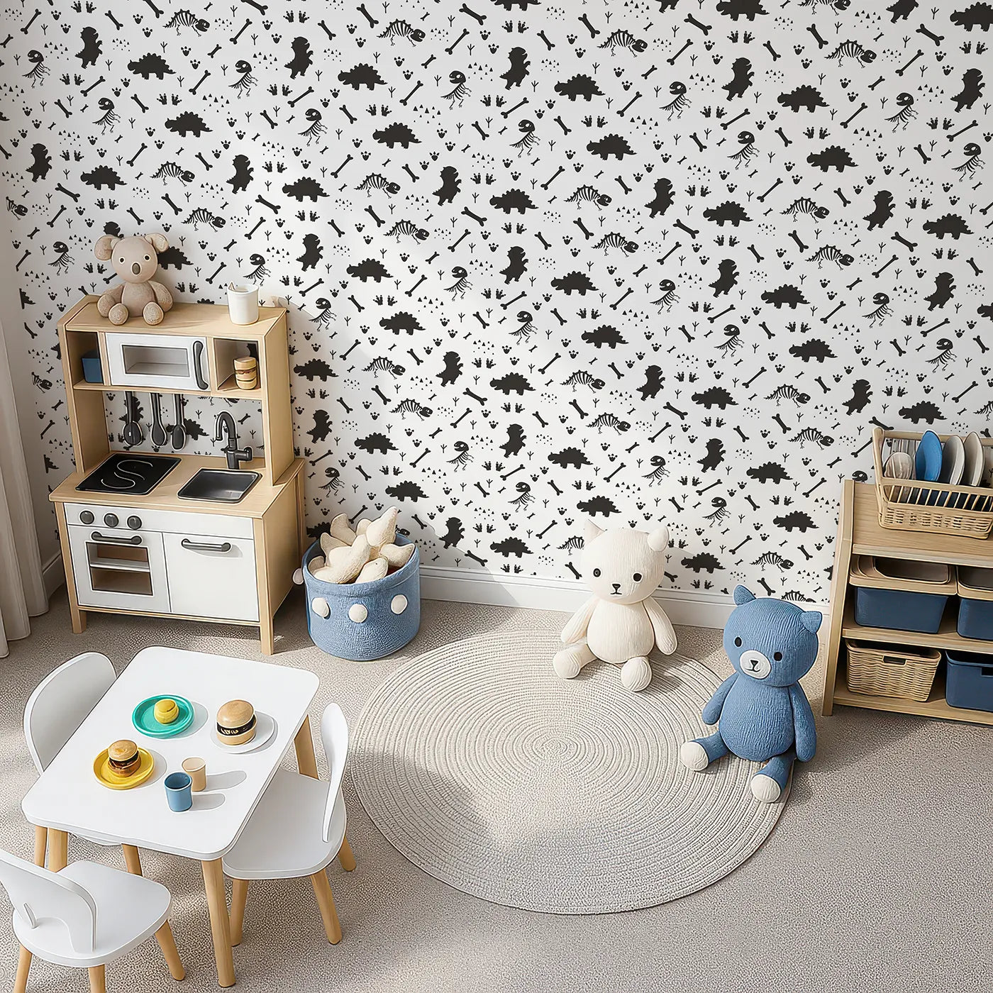 Top-Down view of Whimsy Tots' Dino Fossil Footprints Wallpaper in Black & White (W3111A).Playful fossils and footprints map ancient adventures.
