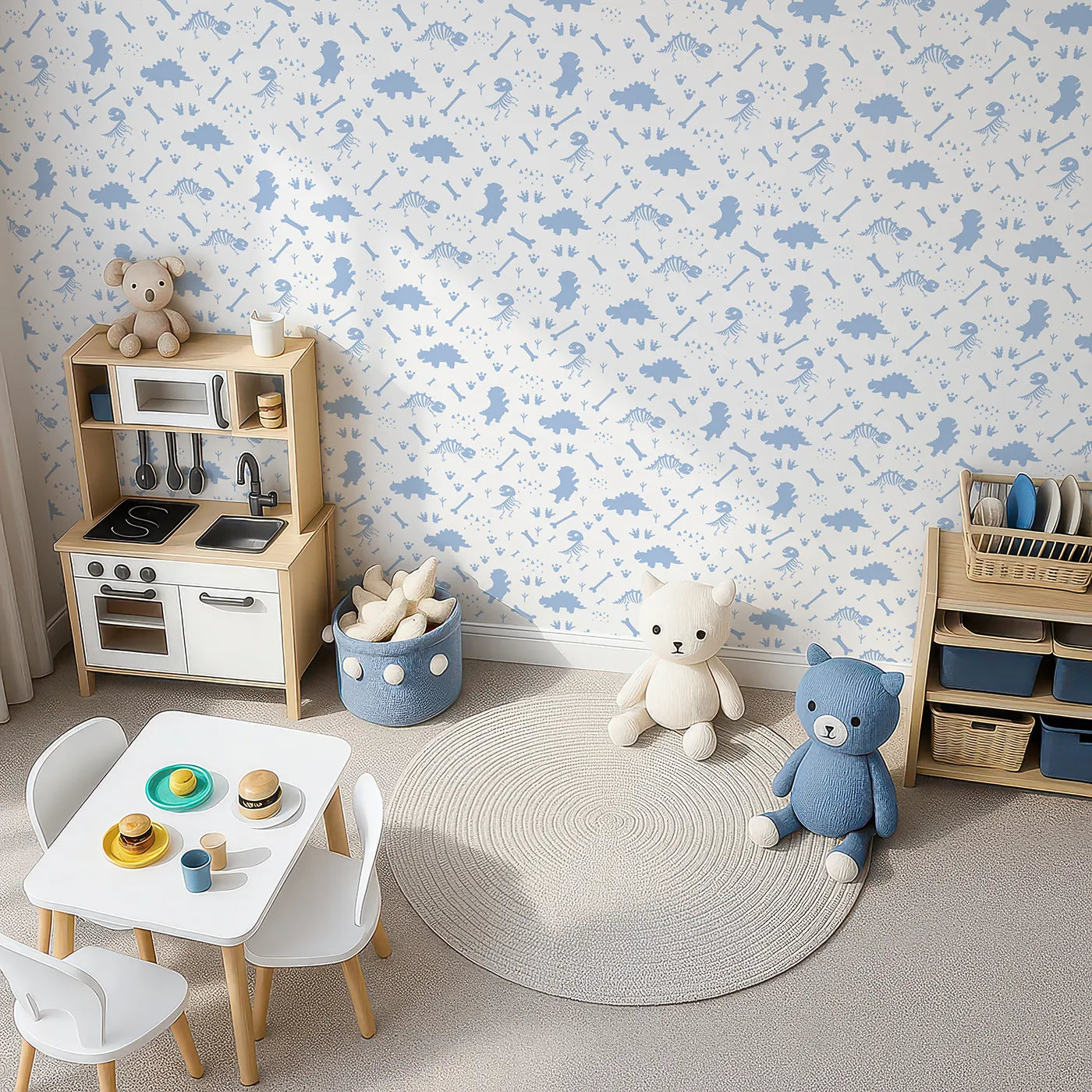 Top-Down view of Whimsy Tots' Dino Fossil Footprints Wallpaper in Sky Blue (W3111E).Playful fossils and footprints map ancient adventures.