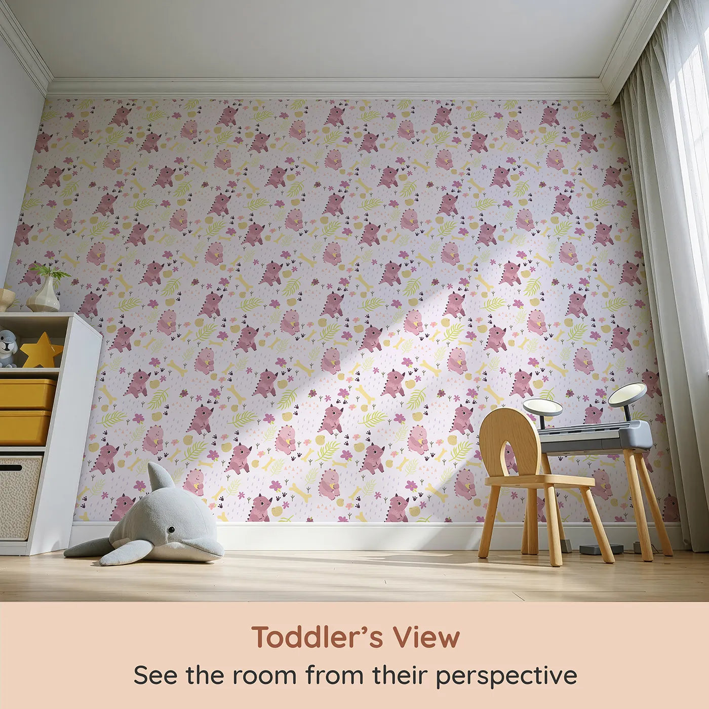Whimsy Tots Cuddle Saurus Garden Wallpaper in Lilac Whisper Lavender (W3112A) from your child's view.Blushing dinos and blossoms make every wall feel like a prehistoric hug.