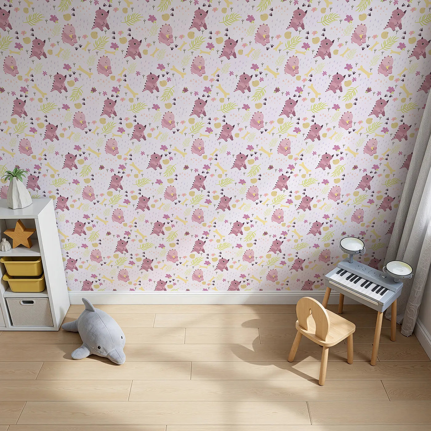Top-Down view of Whimsy Tots' Cuddle Saurus Garden Wallpaper in Lilac Whisper Lavender (W3112A).Blushing dinos and blossoms make every wall feel like a prehistoric hug.