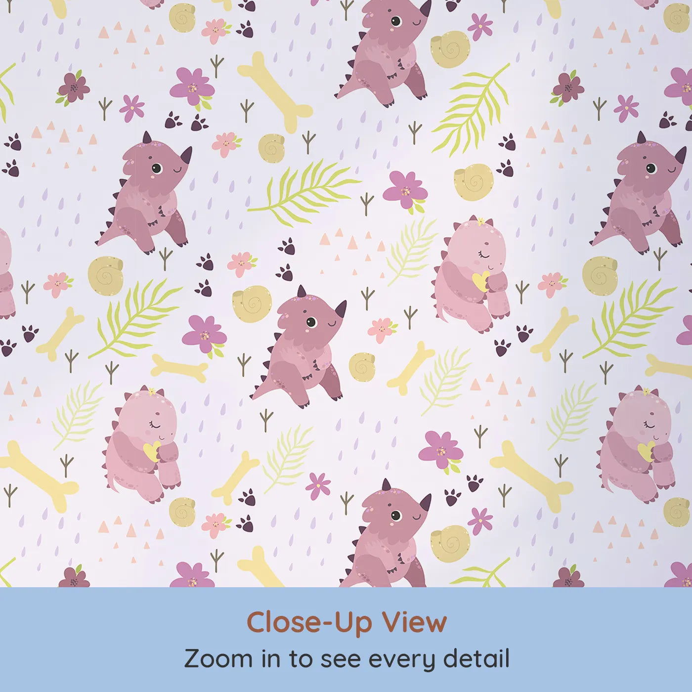 Close-up view of Whimsy Tots' Cuddle Saurus Garden Wallpaper in Lilac Whisper Lavender (W3112A).Blushing dinos and blossoms make every wall feel like a prehistoric hug.