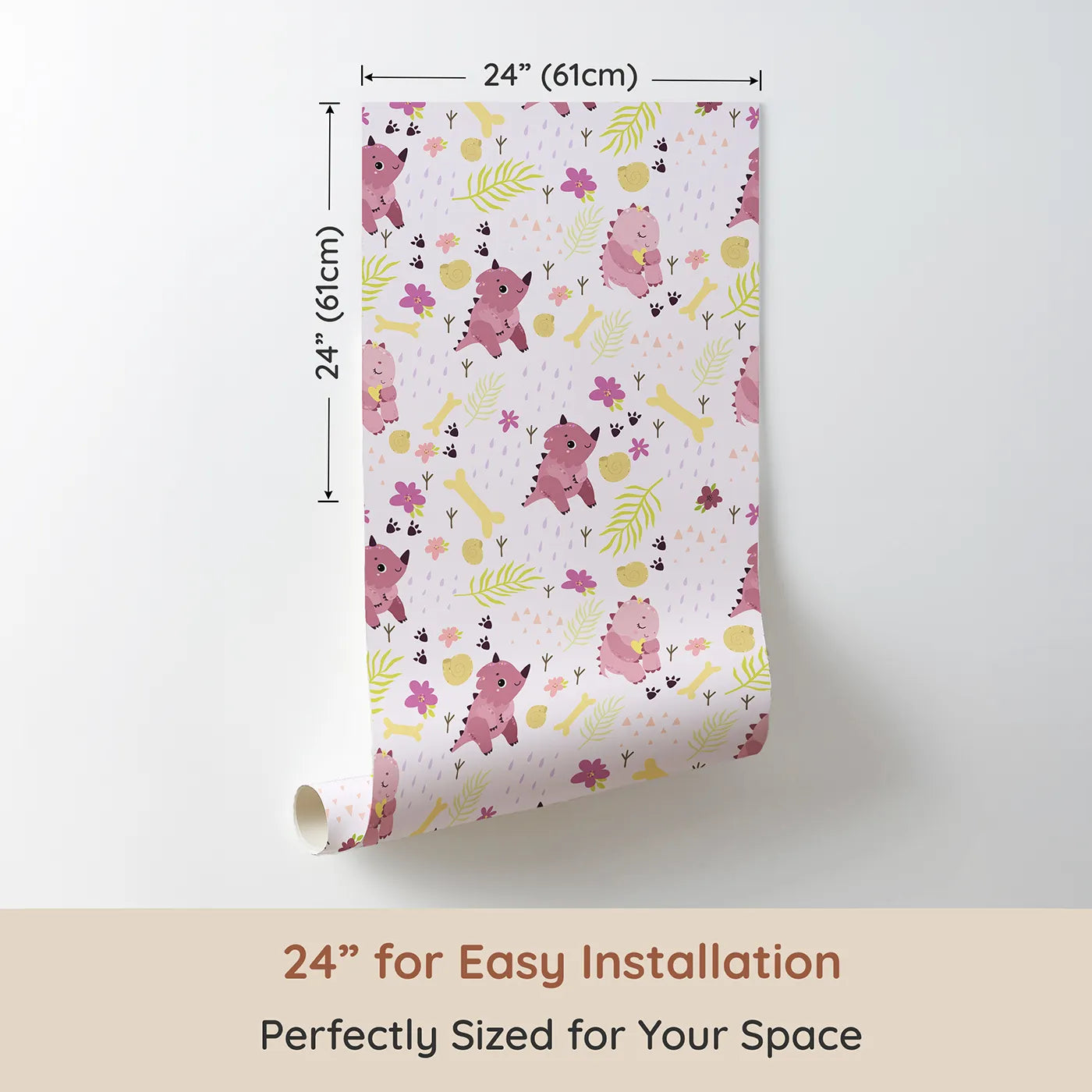 Dimension view of Whimsy Tots Cuddle Saurus Garden Wallpaper in Lilac Whisper Lavender (W3112A). Printed in 24-inch-wide panel for easy installation. Blushing dinos and blossoms make every wall feel like a prehistoric hug.