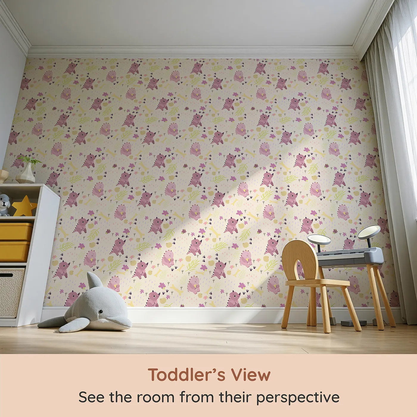 Whimsy Tots Cuddle Saurus Garden Wallpaper in Honey Beige (W3112B) from your child's view.Peachy dinos and sunny fossils turn every wall into a snuggly time-travel tale.
