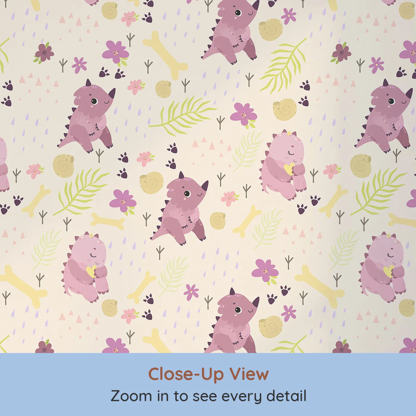 Close-up view of Whimsy Tots' Cuddle Saurus Garden Wallpaper in Honey Beige (W3112B).Peachy dinos and sunny fossils turn every wall into a snuggly time-travel tale.