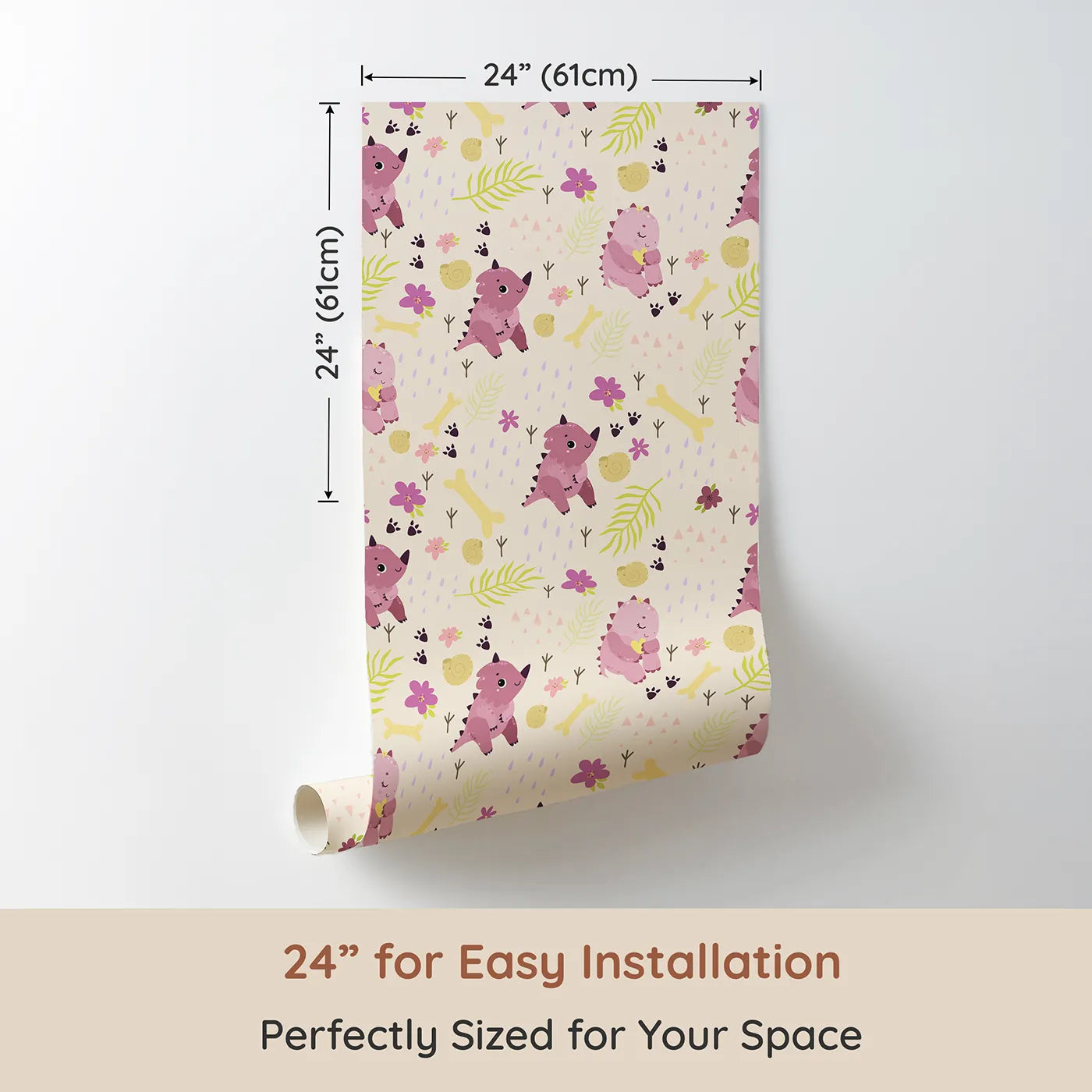 Dimension view of Whimsy Tots Cuddle Saurus Garden Wallpaper in Honey Beige (W3112B). Printed in 24-inch-wide panel for easy installation. Peachy dinos and sunny fossils turn every wall into a snuggly time-travel tale.