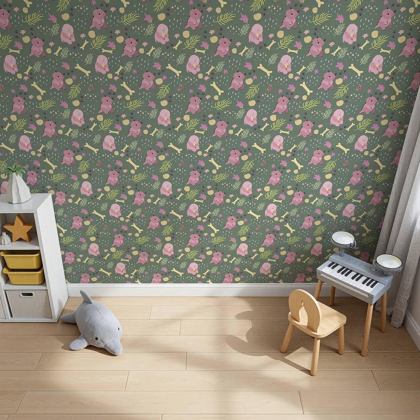 Top-Down view of Whimsy Tots' Cuddle Saurus Garden Wallpaper in Forest Fern Green (W3112C).Sweet dinos and fossil treasures bloom beneath a forest green sky.