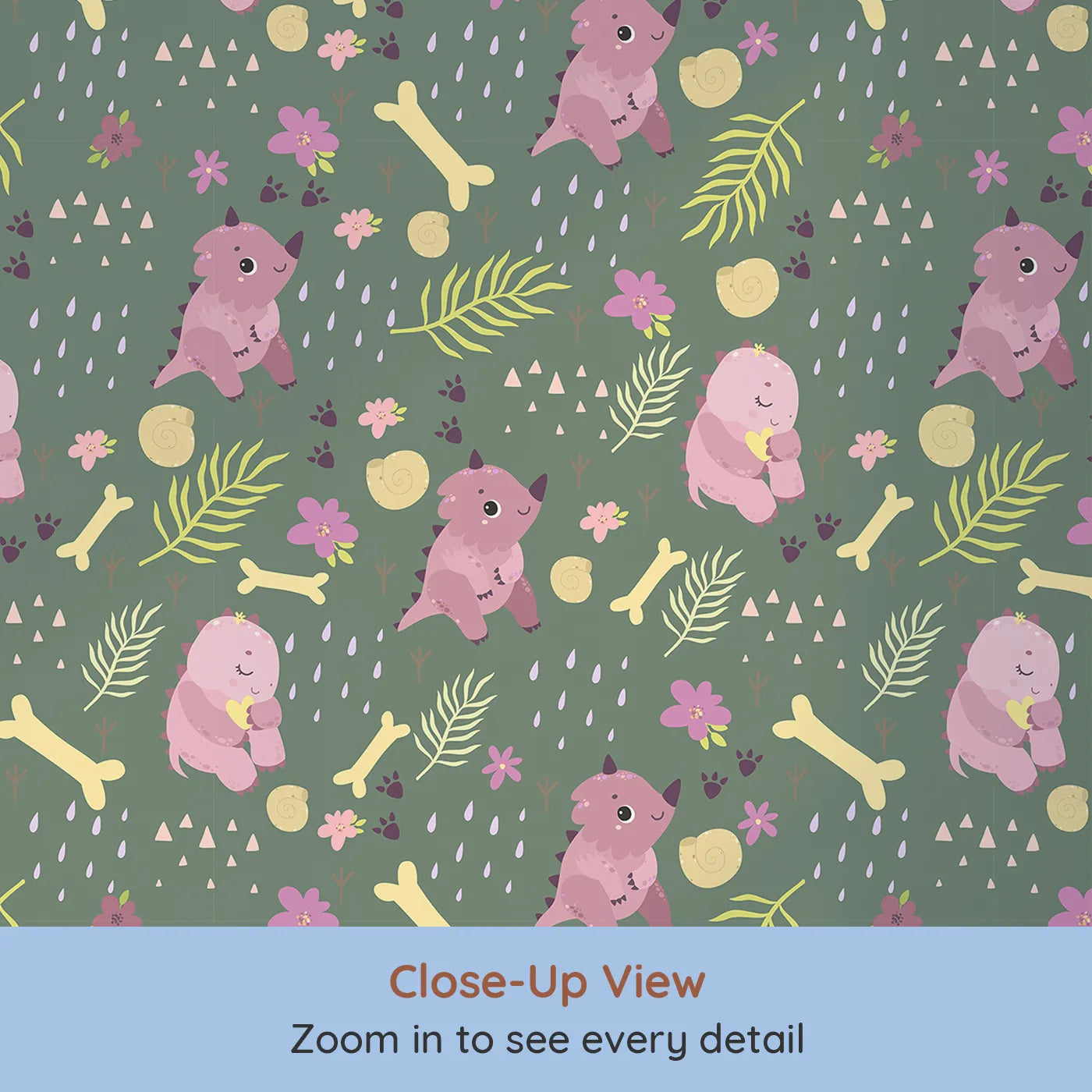 Close-up view of Whimsy Tots' Cuddle Saurus Garden Wallpaper in Forest Fern Green (W3112C).Sweet dinos and fossil treasures bloom beneath a forest green sky.