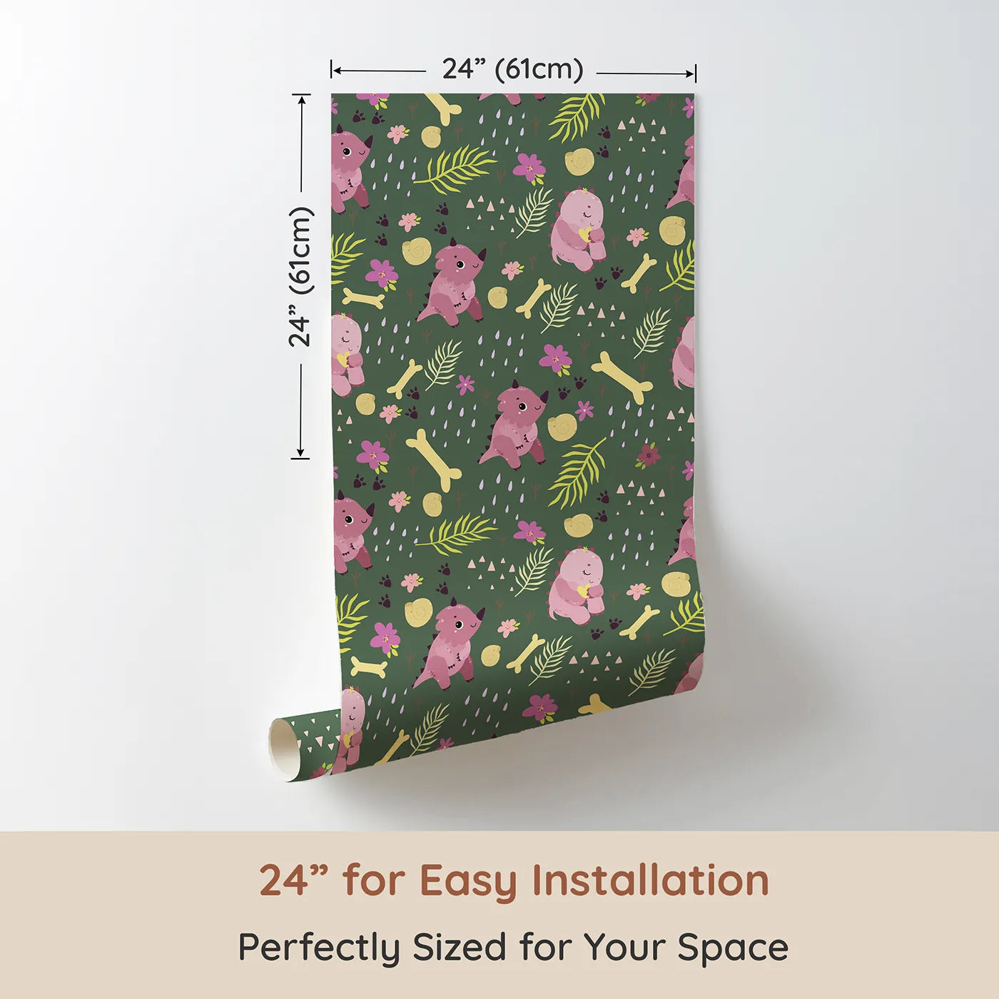 Dimension view of Whimsy Tots Cuddle Saurus Garden Wallpaper in Forest Fern Green (W3112C). Printed in 24-inch-wide panel for easy installation. Sweet dinos and fossil treasures bloom beneath a forest green sky.
