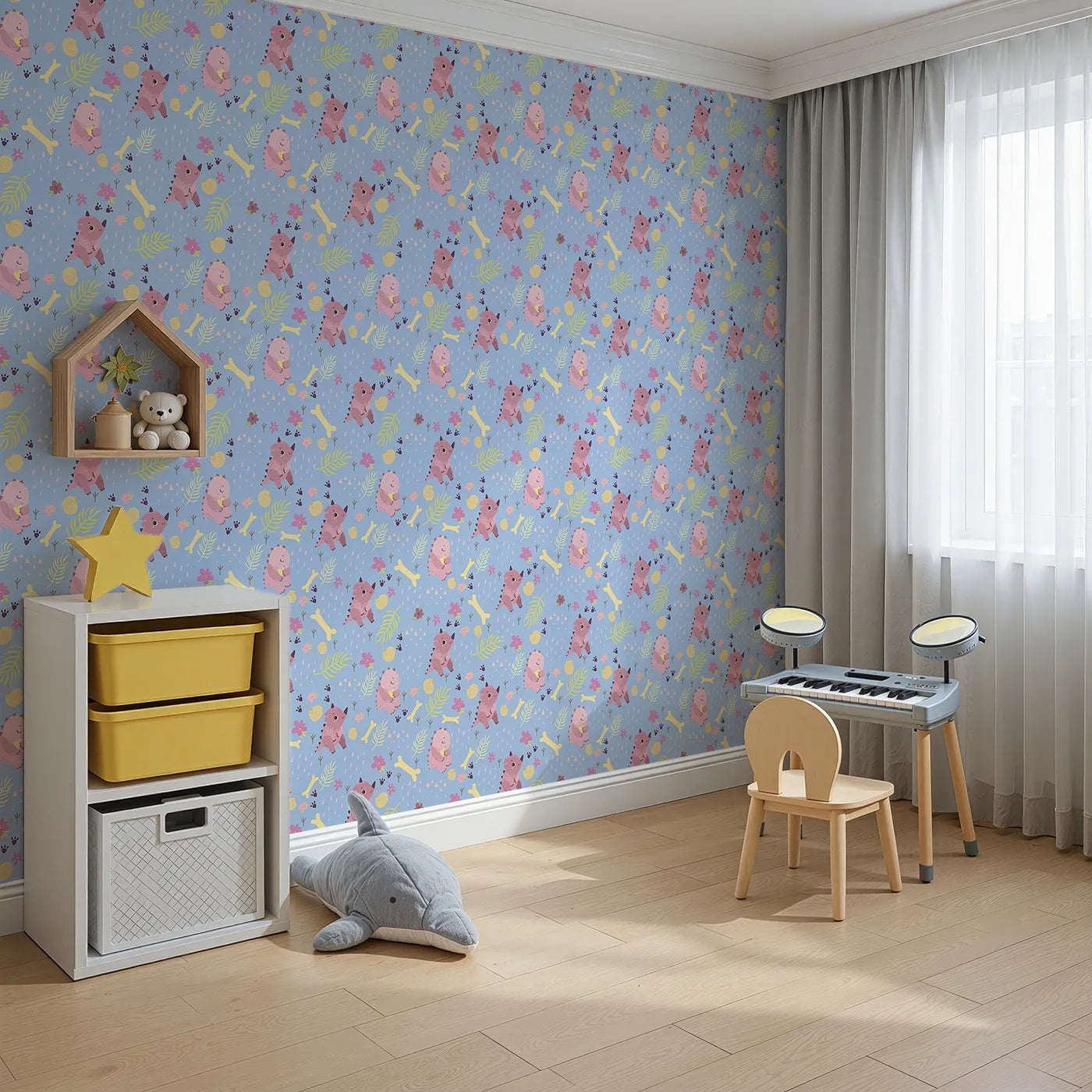 Angled view of Whimsy Tots' Cuddle Saurus Garden Wallpaper in Skyberry Blue (W3112D).Lavender rain and berry blooms fall around playful pink dinos.